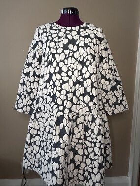 COS Peplum Dress, Charcoal Gray & Cream Pebbled Pattern, Pockets, Relaxed